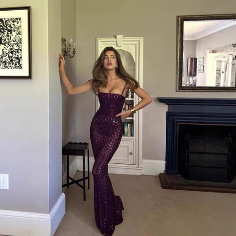 Nude-colored Shimmering Rhinestone Backless Slip Dress