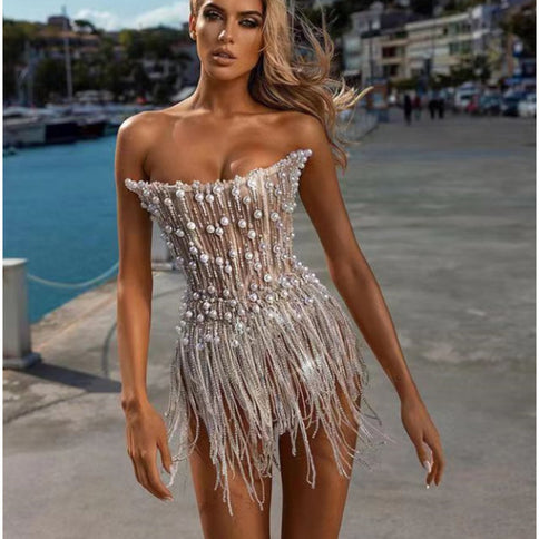 Solid-color Pearl- And Diamond-encrusted Tube Mini Dress With A Bandage-style Design