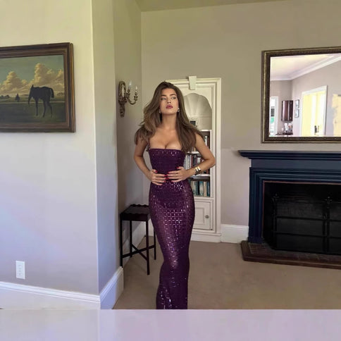 Nude-colored Shimmering Rhinestone Backless Slip Dress