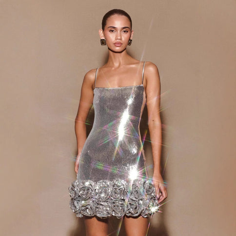 Silver Spaghetti-strap Sequin Bodycon Mini Dress With Floral Embellishments At The Hem
