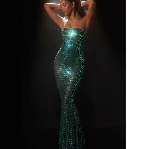 Nude-colored Shimmering Rhinestone Backless Slip Dress