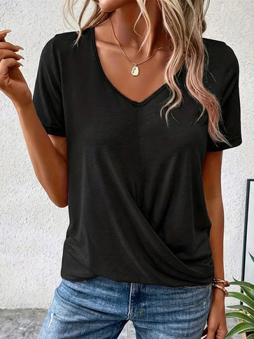 Women's Elegant Solid-Color V-Neck Short-Sleeve T-Shirt
