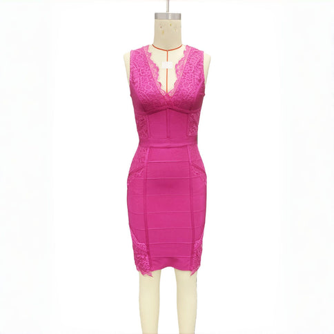 Deep-V Lace-Trimmed Solid-Color Patchwork Sexy Bandage Dress