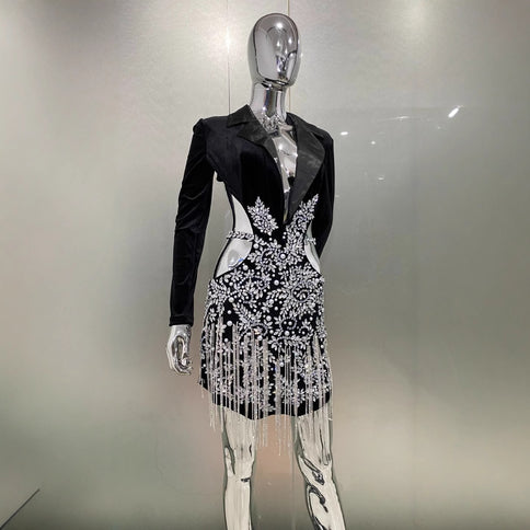 Luxury Rhinestone Tassel Sexy Cutout Suit Dress