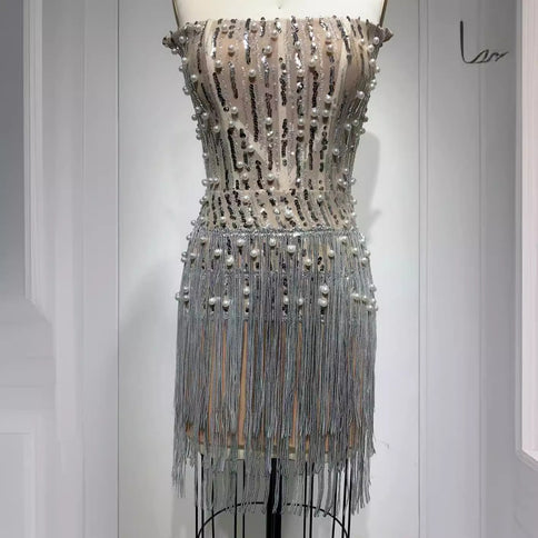 Solid-color Pearl- And Diamond-encrusted Tube Mini Dress With A Bandage-style Design