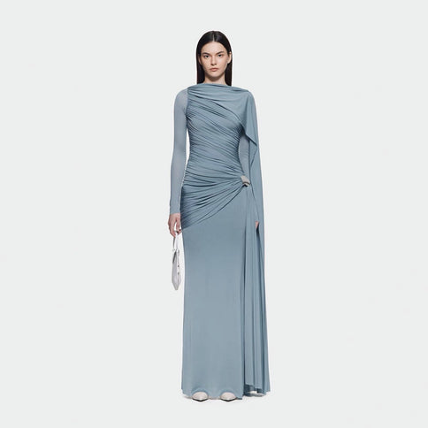 Niche Solid Color Pleating Asymmetric Simple Slim Dress