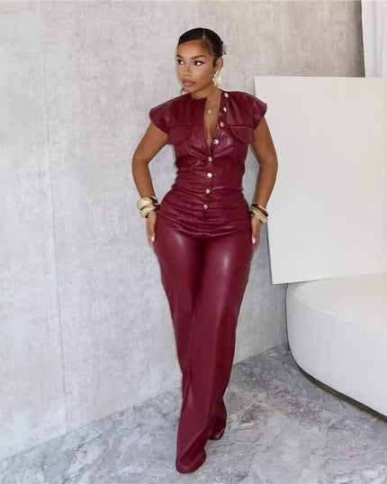 New Women's Trousers Sleeveless Leather Bodysuit