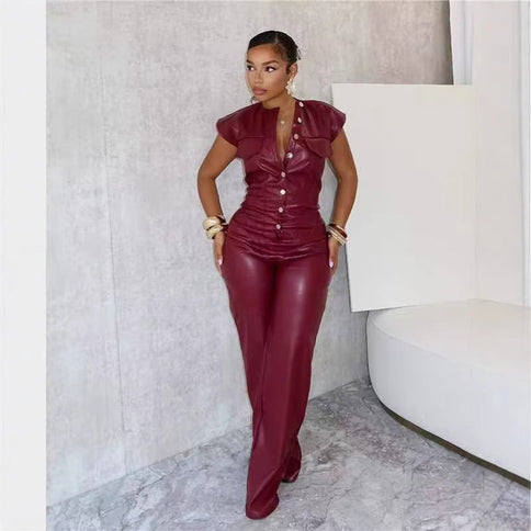 New Women's Trousers Sleeveless Leather Bodysuit