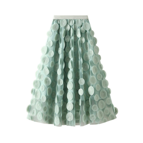 Three Dimensional Patch Stitching Mesh Women Midi Skirt