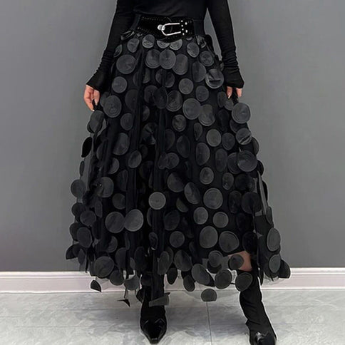 Three Dimensional Patch Stitching Mesh Women Midi Skirt