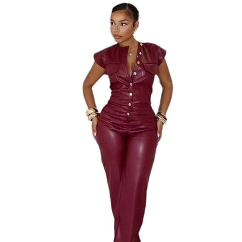 New Women's Trousers Sleeveless Leather Bodysuit