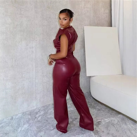 New Women's Trousers Sleeveless Leather Bodysuit