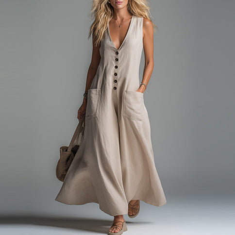 Spring Summer Patch Pocket Deep V Plunge neck Solid Color Casual Dress