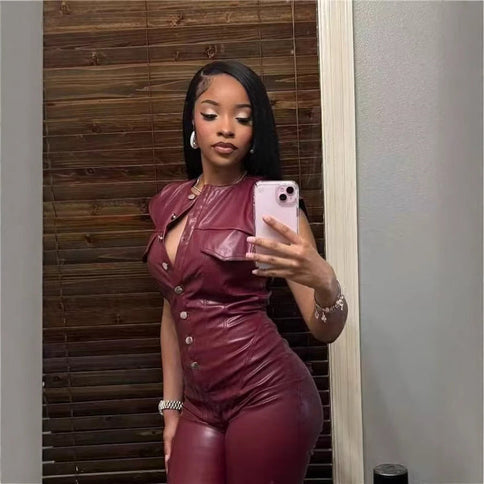 New Women's Trousers Sleeveless Leather Bodysuit