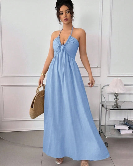 Summer Blue Halter Backless Dress Lace up Waist Slimming Seaside