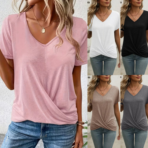 Women's Elegant Solid-Color V-Neck Short-Sleeve T-Shirt