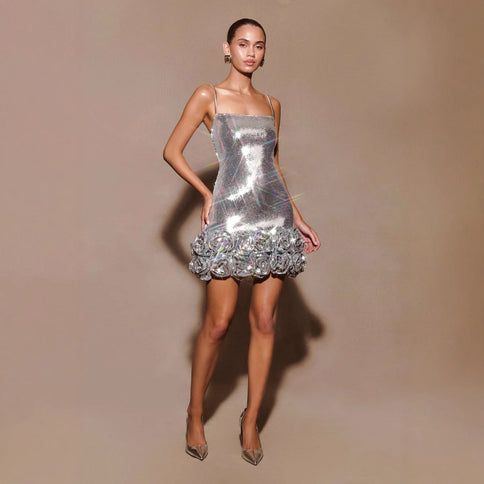 Silver Spaghetti-strap Sequin Bodycon Mini Dress With Floral Embellishments At The Hem