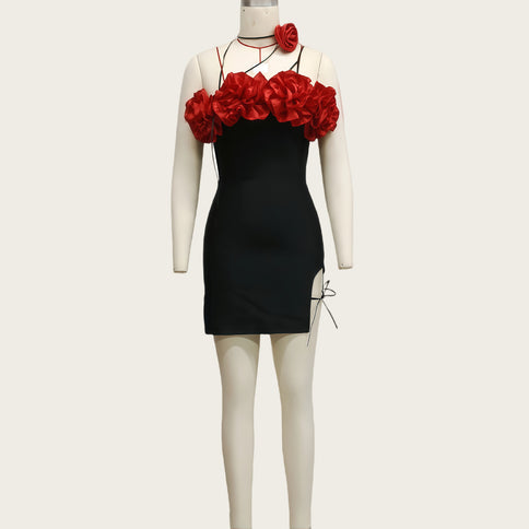 Womens Rose Leather Cord Lace-Up High-End Satin Floral Tube Dress