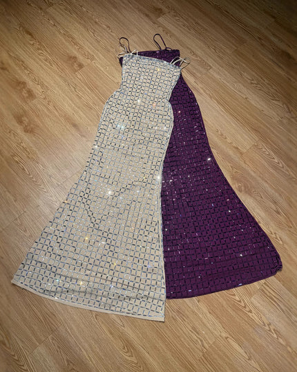 Nude-colored Shimmering Rhinestone Backless Slip Dress