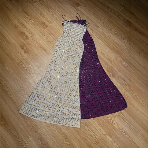 Nude-colored Shimmering Rhinestone Backless Slip Dress