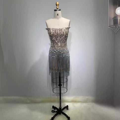 Solid-color Pearl- And Diamond-encrusted Tube Mini Dress With A Bandage-style Design