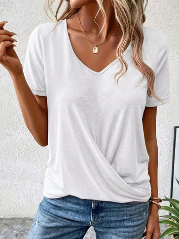 Women's Elegant Solid-Color V-Neck Short-Sleeve T-Shirt