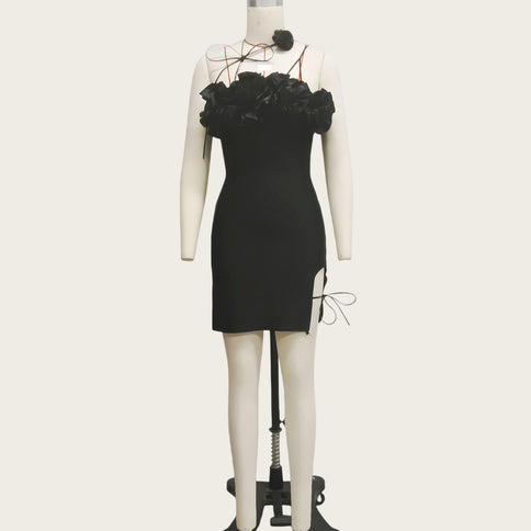Womens Rose Leather Cord Lace-Up High-End Satin Floral Tube Dress