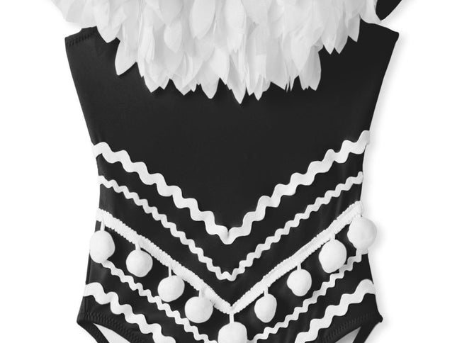 Black Draped Swimsuit with Petals & Pom Poms